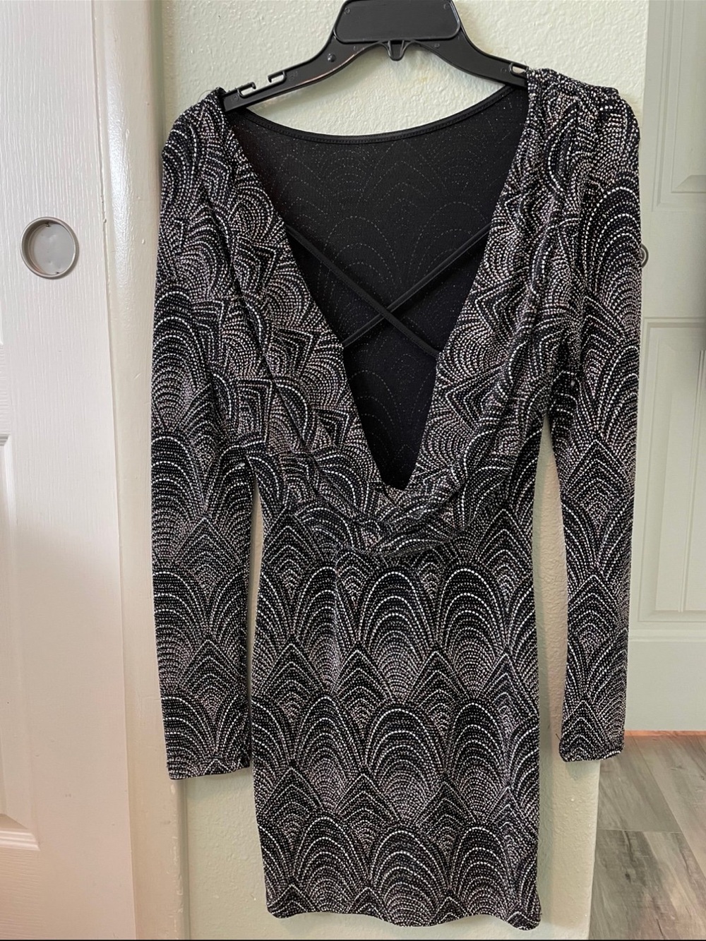 Long Sleeve Black & Silver V-Neck Party Dress